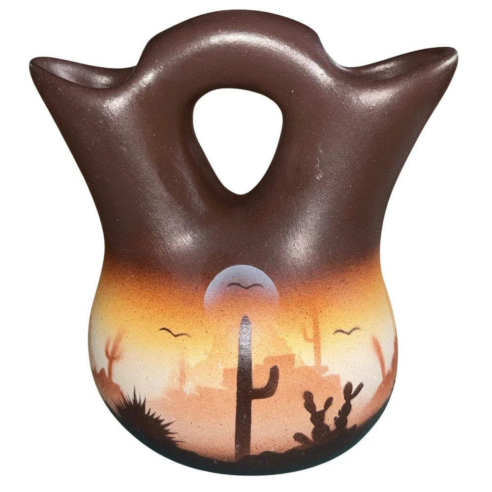 Native American Style Pottery Wedding Vase Southwestern Desert Scene Coyote Moon